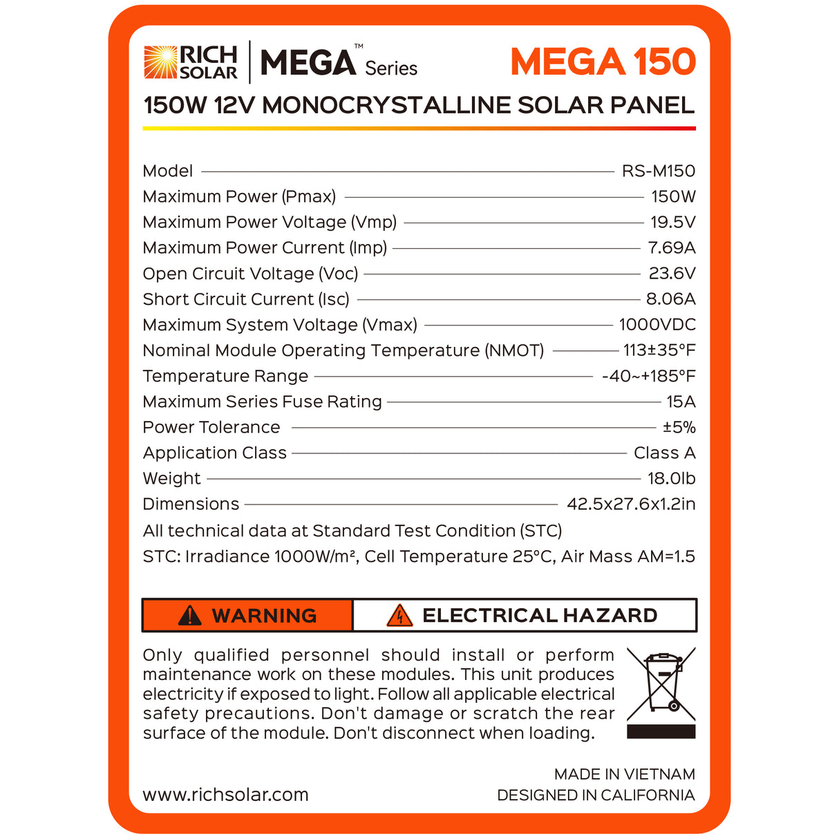 Mega 150 Watt Solar Panel - RICH SOLAR