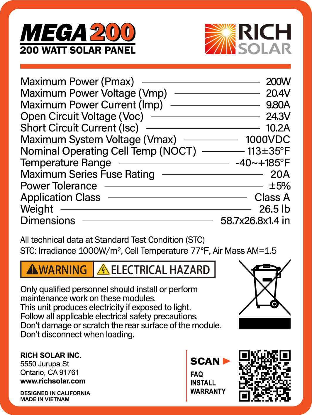 Mega 200 Watt 12 Volt Solar Panel - RICH SOLAR