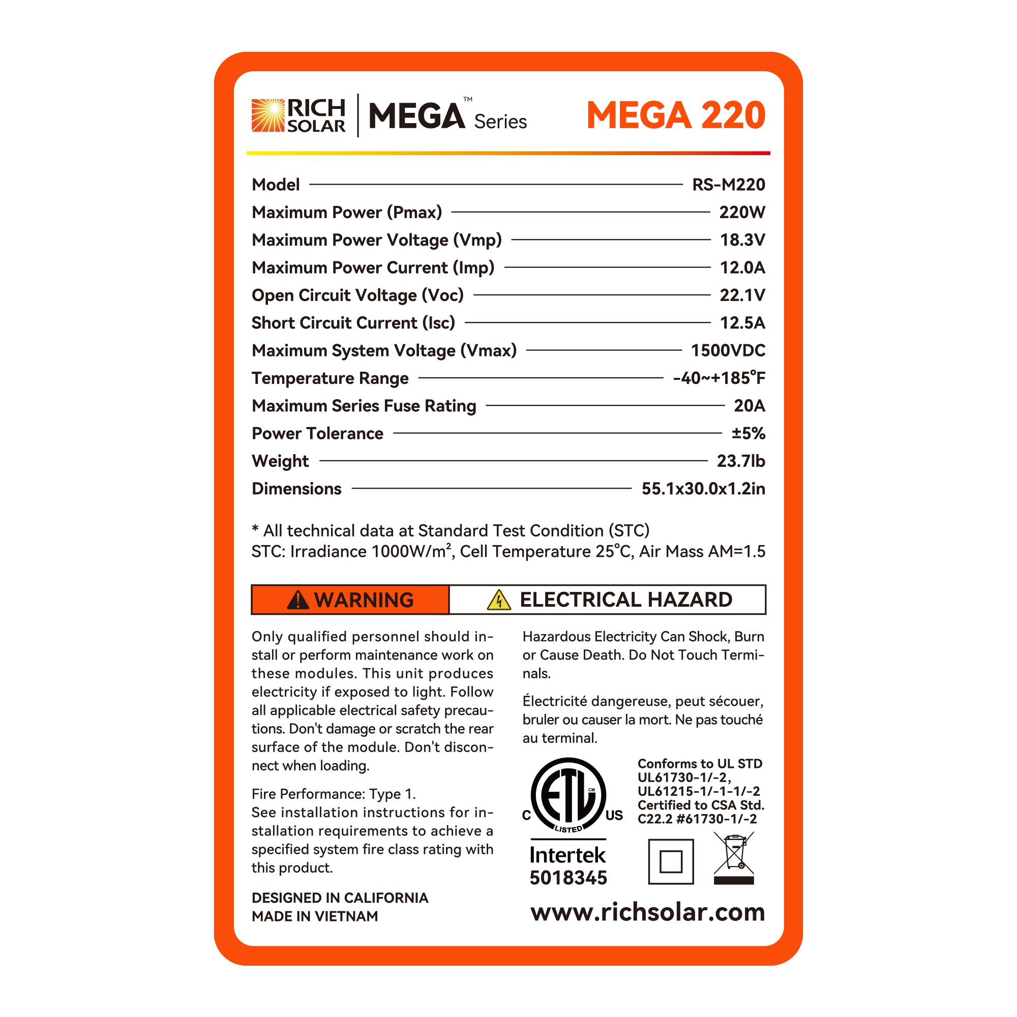 MEGA 220 Watt 12 Volt Solar Panel