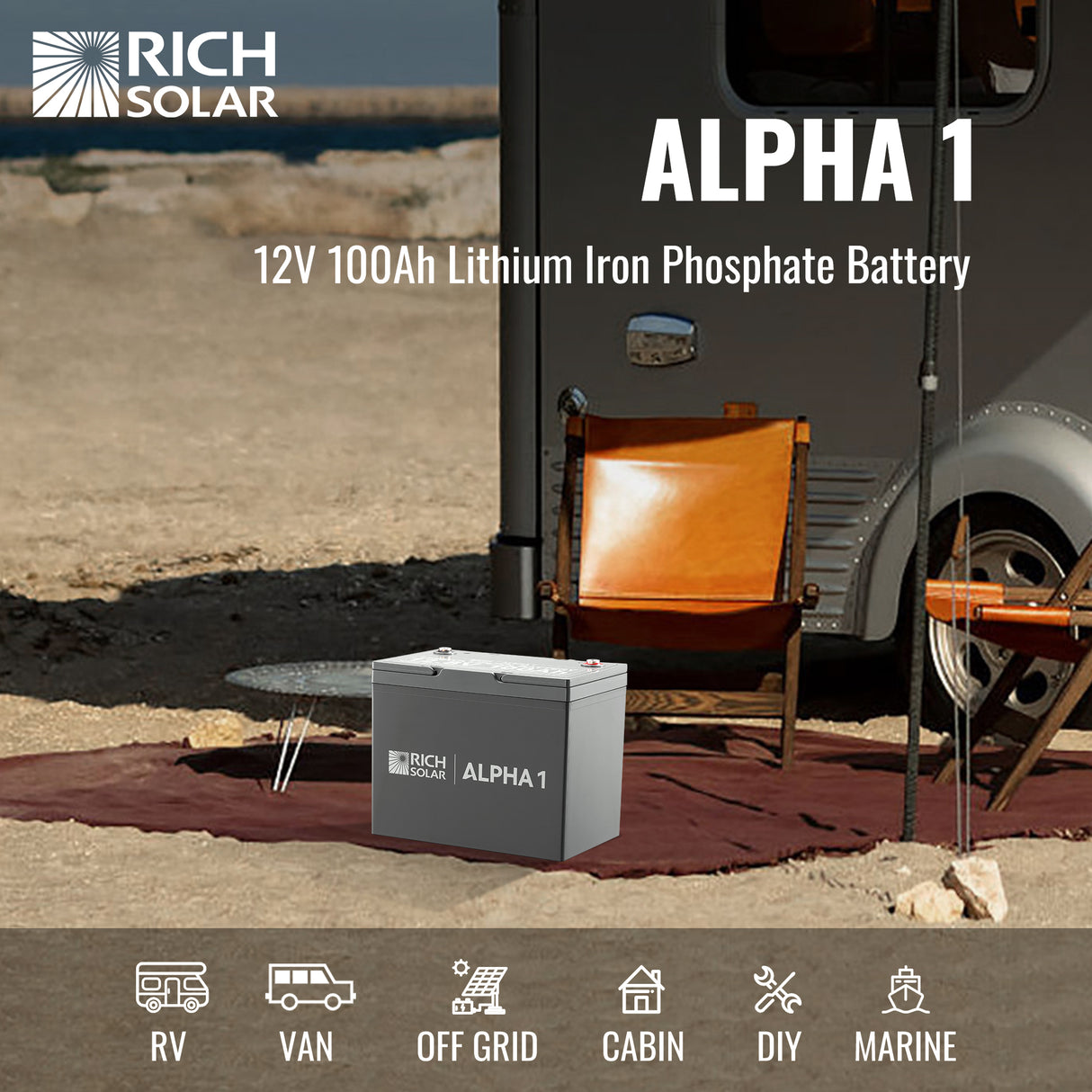 RICH SOLAR ALPHA 1 | 12V 100Ah LiFePO4 Lithium Iron Phosphate Battery w/ Internal Heat Technology and Bluetooth - RICH SOLAR