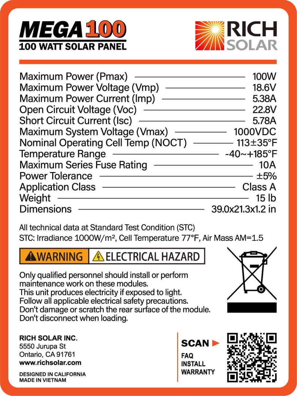 Mega 100 Watt Solar Panel Specification  - Rich Solar